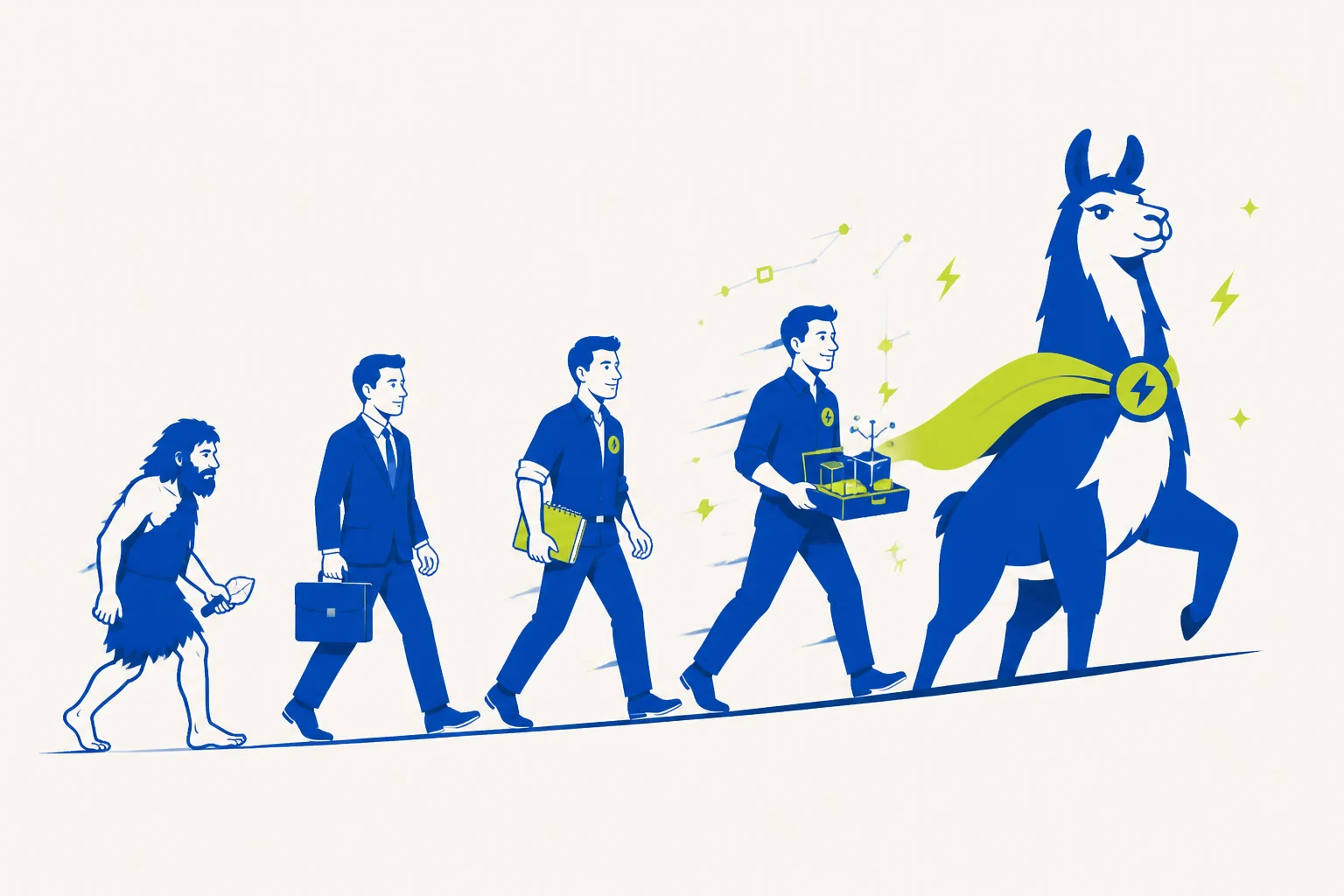 An early human evolving through ordinary, trained and AI-equipped consultant stages into a caped llama Forward Deployed Engineer